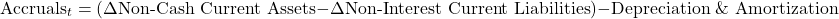 \[\text{Accruals}_t = (\Delta \text{Non-Cash Current Assets} - \Delta \text{Non-Interest Current Liabilities}) - \text{Depreciation \& Amortization}\]