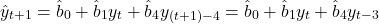 \[\hat{y}_{t+1} = \hat{b}_0 + \hat{b}_1 y_t + \hat{b}_4 y_{(t+1)-4} = \hat{b}_0 + \hat{b}_1 y_t + \hat{b}_4 y_{t-3}\]