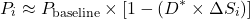 \[P_i \approx P_{\text{baseline}} \times \left[1 - (D^* \times \Delta S_i)\right]\]