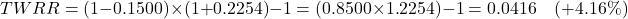 \[TWRR = (1 - 0.1500) \times (1 + 0.2254) - 1 = (0.8500 \times 1.2254) - 1 = 0.0416 \quad (+4.16\%)\]