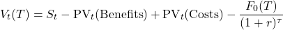 \[V_t(T) = S_t - \text{PV}_t(\text{Benefits}) + \text{PV}_t(\text{Costs}) - \frac{F_0(T)}{(1 + r)^{\tau}}\]