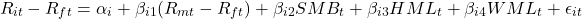 \[R_{it} - R_{ft} = \alpha_i + \beta_{i1}(R_{mt} - R_{ft}) + \beta_{i2}SMB_t + \beta_{i3}HML_t + \beta_{i4}WML_t + \epsilon_{it}\]