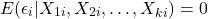 \[E(\epsilon_i \vert{} X_{1i}, X_{2i}, \dots, X_{ki}) = 0\]