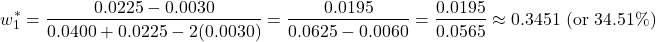 \[w_1^* = \frac{0.0225 - 0.0030}{0.0400 + 0.0225 - 2(0.0030)} = \frac{0.0195}{0.0625 - 0.0060} = \frac{0.0195}{0.0565} \approx 0.3451 \text{ (or } 34.51\%)\]