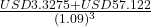 \frac{USD 3.3275 + USD 57.122}{(1.09)^3}