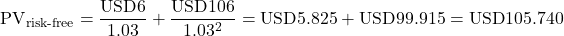 \[\text{PV}_{\text{risk-free}} = \frac{\text{USD}6}{1.03} + \frac{\text{USD}106}{1.03^2} = \text{USD}5.825 + \text{USD}99.915 = \text{USD}105.740\]