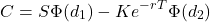 \[C = S \Phi(d_1) - K e^{-rT} \Phi(d_2)\]