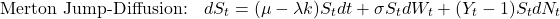 \[\text{Merton Jump-Diffusion:} \quad dS_t = (\mu - \lambda k) S_t dt + \sigma S_t dW_t + (Y_t - 1) S_t dN_t\]