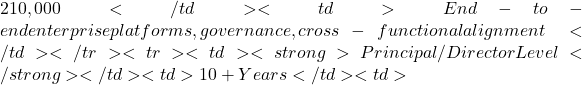 210,000</td><td>End-to-end enterprise platforms, governance, cross-functional alignment</td></tr><tr><td><strong>Principal / Director Level</strong></td><td>10+ Years</td><td>