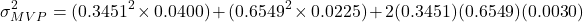 \[\sigma_{MVP}^2 = (0.3451^2 \times 0.0400) + (0.6549^2 \times 0.0225) + 2(0.3451)(0.6549)(0.0030)\]