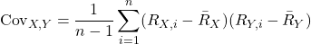 \[\text{Cov}_{X,Y} = \frac{1}{n-1}\sum_{i=1}^{n}(R_{X,i} - \bar{R}_X)(R_{Y,i} - \bar{R}_Y)\]