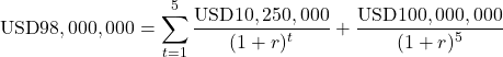 \[\text{USD}98,000,000 = \sum_{t=1}^{5} \frac{\text{USD}10,250,000}{(1 + r)^t} + \frac{\text{USD}100,000,000}{(1 + r)^5}\]