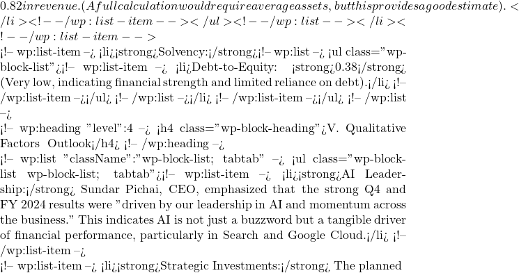 0.82 in revenue. (A full calculation would require average assets, but this provides a good estimate).</li> <!-- /wp:list-item --></ul> <!-- /wp:list --></li> <!-- /wp:list-item -->  <!-- wp:list-item --> <li><strong>Solvency:</strong><!-- wp:list --> <ul class="wp-block-list"><!-- wp:list-item --> <li>Debt-to-Equity: <strong>0.38</strong> (Very low, indicating financial strength and limited reliance on debt).</li> <!-- /wp:list-item --></ul> <!-- /wp:list --></li> <!-- /wp:list-item --></ul> <!-- /wp:list -->  <!-- wp:heading {"level":4} --> <h4 class="wp-block-heading">V. Qualitative Factors & Outlook</h4> <!-- /wp:heading -->  <!-- wp:list {"className":"wp-block-list; tabtab"} --> <ul class="wp-block-list wp-block-list; tabtab"><!-- wp:list-item --> <li><strong>AI Leadership:</strong> Sundar Pichai, CEO, emphasized that the strong Q4 and FY 2024 results were "driven by our leadership in AI and momentum across the business." This indicates AI is not just a buzzword but a tangible driver of financial performance, particularly in Search and Google Cloud.</li> <!-- /wp:list-item -->  <!-- wp:list-item --> <li><strong>Strategic Investments:</strong> The planned