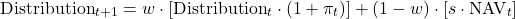 \[\text{Distribution}_{t+1} = w \cdot \left[ \text{Distribution}_t \cdot (1 + \pi_t) \right] + (1 - w) \cdot \left[ s \cdot \text{NAV}_t \right]\]