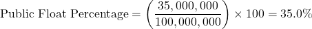 \[\text{Public Float Percentage} = \left( \frac{35,000,000}{100,000,000} \right) \times 100 = 35.0\%\]