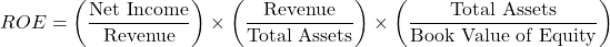 \[ROE = \left( \frac{\text{Net Income}}{\text{Revenue}} \right) \times \left( \frac{\text{Revenue}}{\text{Total Assets}} \right) \times \left( \frac{\text{Total Assets}}{\text{Book Value of Equity}} \right)\]