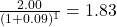 \frac{2.00}{(1 + 0.09)^1} = 1.83