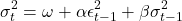 \[\sigma_t^2 = \omega + \alpha \epsilon_{t-1}^2 + \beta \sigma_{t-1}^2\]