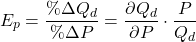 \[E_p = \frac{\% \Delta Q_d}{\% \Delta P} = \frac{\partial Q_d}{\partial P} \cdot \frac{P}{Q_d}\]