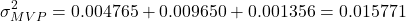 \[\sigma_{MVP}^2 = 0.004765 + 0.009650 + 0.001356 = 0.015771\]