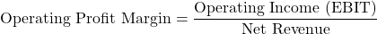\[\text{Operating Profit Margin} = \frac{\text{Operating Income (EBIT)}}{\text{Net Revenue}}\]