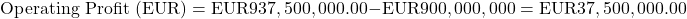 \[\text{Operating Profit (EUR)} = \text{EUR}937,500,000.00 - \text{EUR}900,000,000 = \text{EUR}37,500,000.00\]