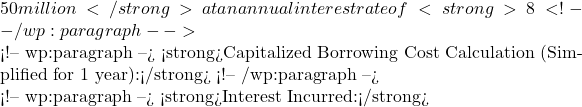 50 million</strong> at an annual interest rate of <strong>8%</strong> to finance the construction of a new power generation facility (a qualifying asset). The construction takes 18 months. <!-- /wp:paragraph -->  <!-- wp:paragraph --> <strong>Capitalized Borrowing Cost Calculation (Simplified for 1 year):</strong> <!-- /wp:paragraph -->  <!-- wp:paragraph --> <strong>Interest Incurred:</strong>