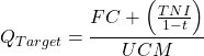 \[Q_{Target} = \frac{FC + \left(\frac{TNI}{1 - t}\right)}{UCM}\]