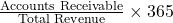 Rendered by QuickLaTeX.com \frac{\text{Accounts Receivable}}{\text{Total Revenue}} \times 365