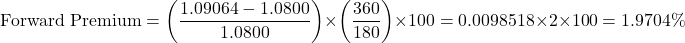 \[\text{Forward Premium} = \left( \frac{1.09064 - 1.0800}{1.0800} \right) \times \left( \frac{360}{180} \right) \times 100 = 0.0098518 \times 2 \times 100 = 1.9704\%\]