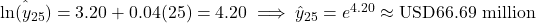 \hat{\ln(y_{25})} = 3.20 + 0.04(25) = 4.20 \implies \hat{y}_{25} = e^{4.20} \approx \text{USD}66.69\text{ million}