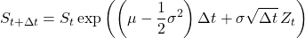 \[S_{t+\Delta t} = S_t \exp\left( \left(\mu - \frac{1}{2}\sigma^2\right)\Delta t + \sigma \sqrt{\Delta t} \, Z_t \right)\]