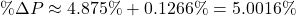 \[\% \Delta P \approx 4.875\% + 0.1266\% = 5.0016\%\]