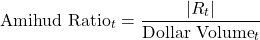 \[\text{Amihud Ratio}_t = \frac{\vert{}R_t\vert{}}{\text{Dollar Volume}_t}\]