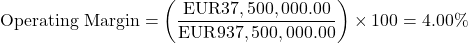 \[\text{Operating Margin} = \left( \frac{\text{EUR}37,500,000.00}{\text{EUR}937,500,000.00} \right) \times 100 = 4.00\%\]