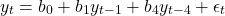 \[y_t = b_0 + b_1 y_{t-1} + b_4 y_{t-4} + \epsilon_t\]
