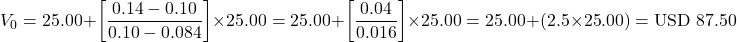 \[V_0 = 25.00 + \left[ \frac{0.14 - 0.10}{0.10 - 0.084} \right] \times 25.00 = 25.00 + \left[ \frac{0.04}{0.016} \right] \times 25.00 = 25.00 + (2.5 \times 25.00) = \text{USD } 87.50\]