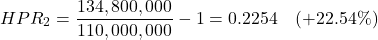 \[HPR_2 = \frac{134,800,000}{110,000,000} - 1 = 0.2254 \quad (+22.54\%)\]