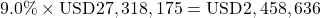 Rendered by QuickLaTeX.com 9.0\% \times \text{USD}27,318,175 = \text{USD}2,458,636
