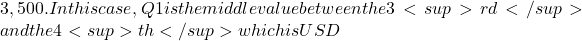 3,500. In this case, Q1 is the middle value between the 3<sup>rd</sup> and the 4<sup>th</sup> which is USD