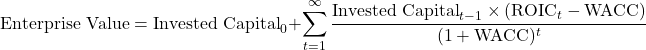 \[\text{Enterprise Value} = \text{Invested Capital}_0 + \sum_{t=1}^{\infty} \frac{\text{Invested Capital}_{t-1} \times (\text{ROIC}_t - \text{WACC})}{(1 + \text{WACC})^t}\]