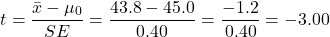 \[t = \frac{\bar{x} - \mu_0}{SE} = \frac{43.8 - 45.0}{0.40} = \frac{-1.2}{0.40} = -3.00\]