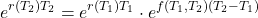 \[e^{r(T_2)T_2} = e^{r(T_1)T_1} \cdot e^{f(T_1, T_2)(T_2 - T_1)}\]