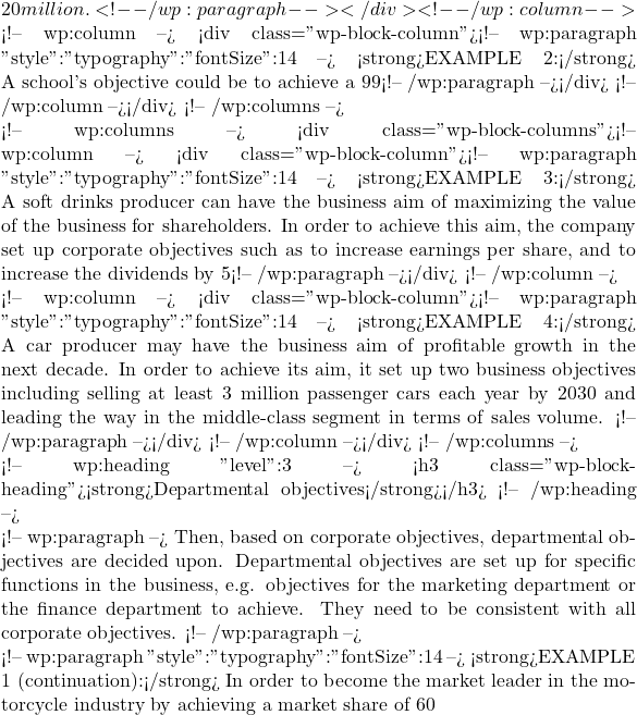 20 million. <!-- /wp:paragraph --></div> <!-- /wp:column -->  <!-- wp:column --> <div class="wp-block-column"><!-- wp:paragraph {"style":{"typography":{"fontSize":14}}} --> <strong>EXAMPLE 2:</strong> A school's objective could be to achieve a 99% pass rate within 5 years or to encourage the use of differentiation and scaffolding to improve the quality of daily teaching and learning.  <!-- /wp:paragraph --></div> <!-- /wp:column --></div> <!-- /wp:columns -->  <!-- wp:columns --> <div class="wp-block-columns"><!-- wp:column --> <div class="wp-block-column"><!-- wp:paragraph {"style":{"typography":{"fontSize":14}}} --> <strong>EXAMPLE 3:</strong> A soft drinks producer can have the business aim of maximizing the value of the business for shareholders. In order to achieve this aim, the company set up corporate objectives such as to increase earnings per share, and to increase the dividends by 5% each year in the next 3 years.  <!-- /wp:paragraph --></div> <!-- /wp:column -->  <!-- wp:column --> <div class="wp-block-column"><!-- wp:paragraph {"style":{"typography":{"fontSize":14}}} --> <strong>EXAMPLE 4:</strong> A car producer may have the business aim of profitable growth in the next decade. In order to achieve its aim, it set up two business objectives including selling at least 3 million passenger cars each year by 2030 and leading the way in the middle-class segment in terms of sales volume. <!-- /wp:paragraph --></div> <!-- /wp:column --></div> <!-- /wp:columns -->  <!-- wp:heading {"level":3} --> <h3 class="wp-block-heading"><strong>Departmental objectives</strong></h3> <!-- /wp:heading -->  <!-- wp:paragraph --> Then, based on corporate objectives, departmental objectives are decided upon. Departmental objectives are set up for specific functions in the business, e.g. objectives for the marketing department or the finance department to achieve. They need to be consistent with all corporate objectives. <!-- /wp:paragraph -->  <!-- wp:paragraph {"style":{"typography":{"fontSize":14}}} --> <strong>EXAMPLE 1 (continuation):</strong> In order to become the market leader in the motorcycle industry by achieving a market share of 60% and annual sales revenue of USD