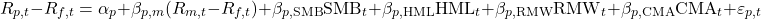 \[R_{p,t} - R_{f,t} = \alpha_p + \beta_{p,m} (R_{m,t} - R_{f,t}) + \beta_{p,\text{SMB}} \text{SMB}_t + \beta_{p,\text{HML}} \text{HML}_t + \beta_{p,\text{RMW}} \text{RMW}_t + \beta_{p,\text{CMA}} \text{CMA}_t + \varepsilon_{p,t}\]