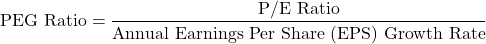 \[\text{PEG Ratio} = \frac{\text{P/E Ratio}}{\text{Annual Earnings Per Share (EPS) Growth Rate}}\]
