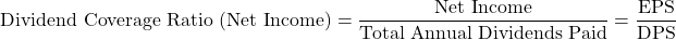 \[\text{Dividend Coverage Ratio (Net Income)} = \frac{\text{Net Income}}{\text{Total Annual Dividends Paid}} = \frac{\text{EPS}}{\text{DPS}}\]
