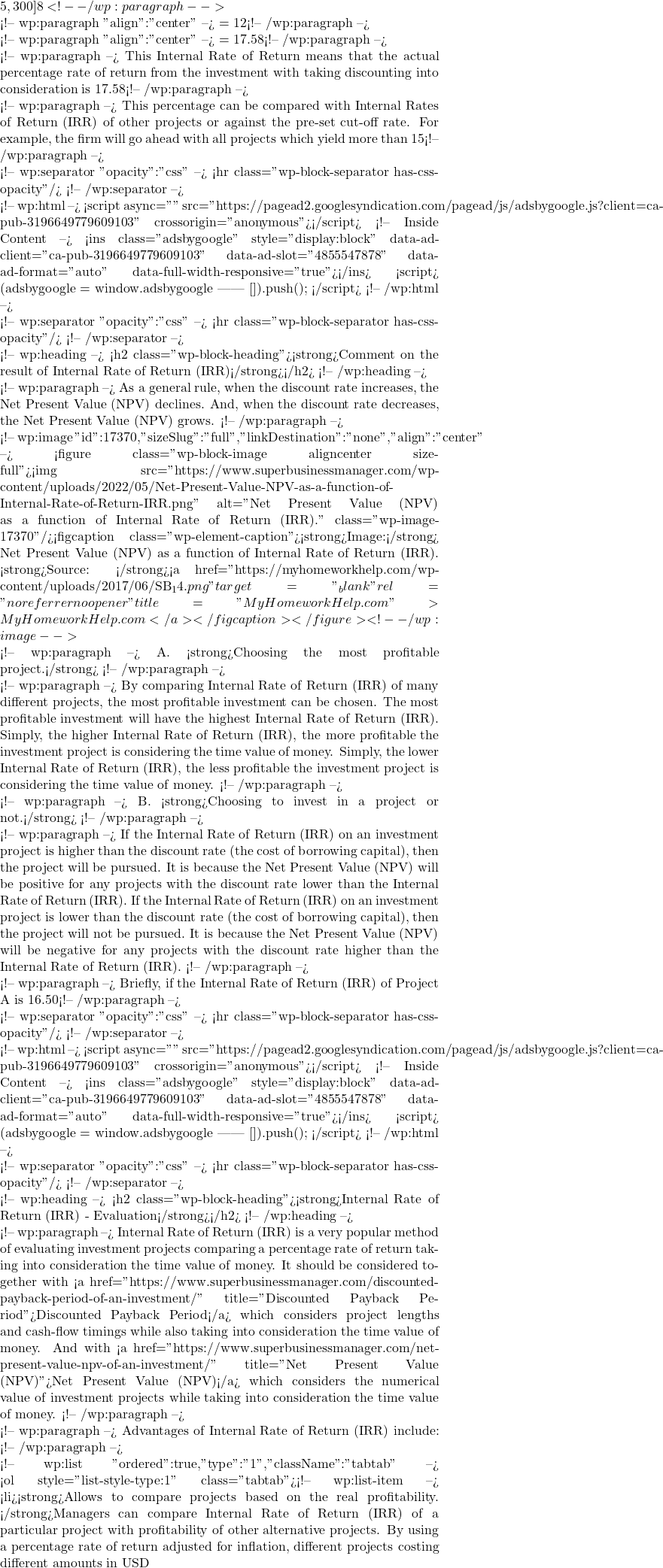 5,300] &times; 8% <!-- /wp:paragraph -->  <!-- wp:paragraph {"align":"center"} --> = 12% + 5.58% <!-- /wp:paragraph -->  <!-- wp:paragraph {"align":"center"} --> = 17.58% <!-- /wp:paragraph -->  <!-- wp:paragraph --> This Internal Rate of Return means that the actual percentage rate of return from the investment with taking discounting into consideration is 17.58%. The Internal Rate of Return (IRR) of 17.58% is when the Net Present Value (NPV) equals zero.  <!-- /wp:paragraph -->  <!-- wp:paragraph --> This percentage can be compared with Internal Rates of Return (IRR) of other projects or against the pre-set cut-off rate. For example, the firm will go ahead with all projects which yield more than 15%. Therefore, this investment is viable according to the cut-off criterion as it yields 17.58%. <!-- /wp:paragraph -->  <!-- wp:separator {"opacity":"css"} --> <hr class="wp-block-separator has-css-opacity"/> <!-- /wp:separator -->  <!-- wp:html --> <script async="" src="https://pagead2.googlesyndication.com/pagead/js/adsbygoogle.js?client=ca-pub-3196649779609103" crossorigin="anonymous"></script> <!-- Inside Content --> <ins class="adsbygoogle" style="display:block" data-ad-client="ca-pub-3196649779609103" data-ad-slot="4855547878" data-ad-format="auto" data-full-width-responsive="true"></ins> <script>      (adsbygoogle = window.adsbygoogle || []).push({}); </script> <!-- /wp:html -->  <!-- wp:separator {"opacity":"css"} --> <hr class="wp-block-separator has-css-opacity"/> <!-- /wp:separator -->  <!-- wp:heading --> <h2 class="wp-block-heading"><strong>Comment on the result of Internal Rate of Return (IRR)</strong></h2> <!-- /wp:heading -->  <!-- wp:paragraph --> As a general rule, when the discount rate increases, the Net Present Value (NPV) declines. And, when the discount rate decreases, the Net Present Value (NPV) grows. <!-- /wp:paragraph -->  <!-- wp:image {"id":17370,"sizeSlug":"full","linkDestination":"none","align":"center"} --> <figure class="wp-block-image aligncenter size-full"><img src="https://www.superbusinessmanager.com/wp-content/uploads/2022/05/Net-Present-Value-NPV-as-a-function-of-Internal-Rate-of-Return-IRR.png" alt="Net Present Value (NPV) as a function of Internal Rate of Return (IRR)." class="wp-image-17370"/><figcaption class="wp-element-caption"><strong>Image:</strong> Net Present Value (NPV) as a function of Internal Rate of Return (IRR). <strong>Source: </strong><a href="https://myhomeworkhelp.com/wp-content/uploads/2017/06/SB_14.png" target="_blank" rel="noreferrer noopener" title="MyHomeworkHelp.com">MyHomeworkHelp.com</a></figcaption></figure> <!-- /wp:image -->  <!-- wp:paragraph --> A. <strong>Choosing the most profitable project.</strong> <!-- /wp:paragraph -->  <!-- wp:paragraph --> By comparing Internal Rate of Return (IRR) of many different projects, the most profitable investment can be chosen. The most profitable investment will have the highest Internal Rate of Return (IRR). Simply, the higher Internal Rate of Return (IRR), the more profitable the investment project is considering the time value of money. Simply, the lower Internal Rate of Return (IRR), the less profitable the investment project is considering the time value of money. <!-- /wp:paragraph -->  <!-- wp:paragraph --> B. <strong>Choosing to invest in a project or not.</strong> <!-- /wp:paragraph -->  <!-- wp:paragraph --> If the Internal Rate of Return (IRR) on an investment project is higher than the discount rate (the cost of borrowing capital), then the project will be pursued. It is because the Net Present Value (NPV) will be positive for any projects with the discount rate lower than the Internal Rate of Return (IRR). If the Internal Rate of Return (IRR) on an investment project is lower than the discount rate (the cost of borrowing capital), then the project will not be pursued. It is because the Net Present Value (NPV) will be negative for any projects with the discount rate higher than the Internal Rate of Return (IRR). <!-- /wp:paragraph -->  <!-- wp:paragraph --> Briefly, if the Internal Rate of Return (IRR) of Project A is 16.50% and the Internal Rate of Return (IRR) of Project B is 5.20% while the cost of borrowing capital is 10%, the business should choose to invest in Project A instead of Project B. <!-- /wp:paragraph -->  <!-- wp:separator {"opacity":"css"} --> <hr class="wp-block-separator has-css-opacity"/> <!-- /wp:separator -->  <!-- wp:html --> <script async="" src="https://pagead2.googlesyndication.com/pagead/js/adsbygoogle.js?client=ca-pub-3196649779609103" crossorigin="anonymous"></script> <!-- Inside Content --> <ins class="adsbygoogle" style="display:block" data-ad-client="ca-pub-3196649779609103" data-ad-slot="4855547878" data-ad-format="auto" data-full-width-responsive="true"></ins> <script>      (adsbygoogle = window.adsbygoogle || []).push({}); </script> <!-- /wp:html -->  <!-- wp:separator {"opacity":"css"} --> <hr class="wp-block-separator has-css-opacity"/> <!-- /wp:separator -->  <!-- wp:heading --> <h2 class="wp-block-heading"><strong>Internal Rate of Return (IRR) - Evaluation</strong></h2> <!-- /wp:heading -->  <!-- wp:paragraph --> Internal Rate of Return (IRR) is a very popular method of evaluating investment projects comparing a percentage rate of return taking into consideration the time value of money. It should be considered together with <a href="https://www.superbusinessmanager.com/discounted-payback-period-of-an-investment/" title="Discounted Payback Period">Discounted Payback Period</a> which considers project lengths and cash-flow timings while also taking into consideration the time value of money. And with <a href="https://www.superbusinessmanager.com/net-present-value-npv-of-an-investment/" title="Net Present Value (NPV)">Net Present Value (NPV)</a> which considers the numerical value of investment projects while taking into consideration the time value of money.  <!-- /wp:paragraph -->  <!-- wp:paragraph --> Advantages of Internal Rate of Return (IRR) include: <!-- /wp:paragraph -->  <!-- wp:list {"ordered":true,"type":"1","className":"tabtab"} --> <ol style="list-style-type:1" class="tabtab"><!-- wp:list-item --> <li><strong>Allows to compare projects based on the real profitability. </strong>Managers can compare Internal Rate of Return (IRR) of a particular project with profitability of other alternative projects. By using a percentage rate of return adjusted for inflation, different projects costing different amounts in USD