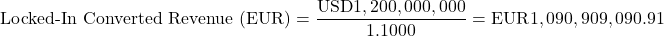 \[\text{Locked-In Converted Revenue (EUR)} = \frac{\text{USD}1,200,000,000}{1.1000} = \text{EUR}1,090,909,090.91\]