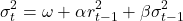 \[\sigma_t^2 = \omega + \alpha r_{t-1}^2 + \beta \sigma_{t-1}^2\]